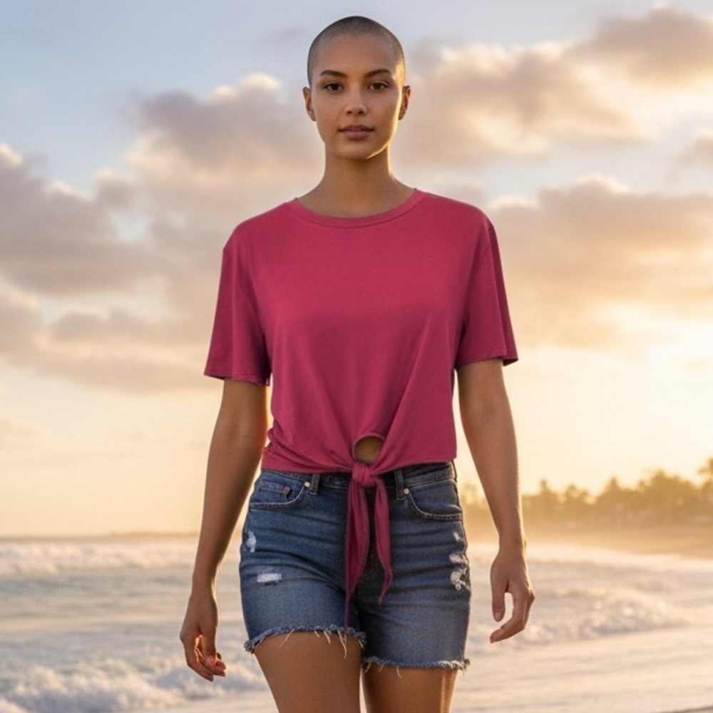 EVis Vi Crop Women’s Burgundy Short Sleeve Tie Front Top Size-L NWT